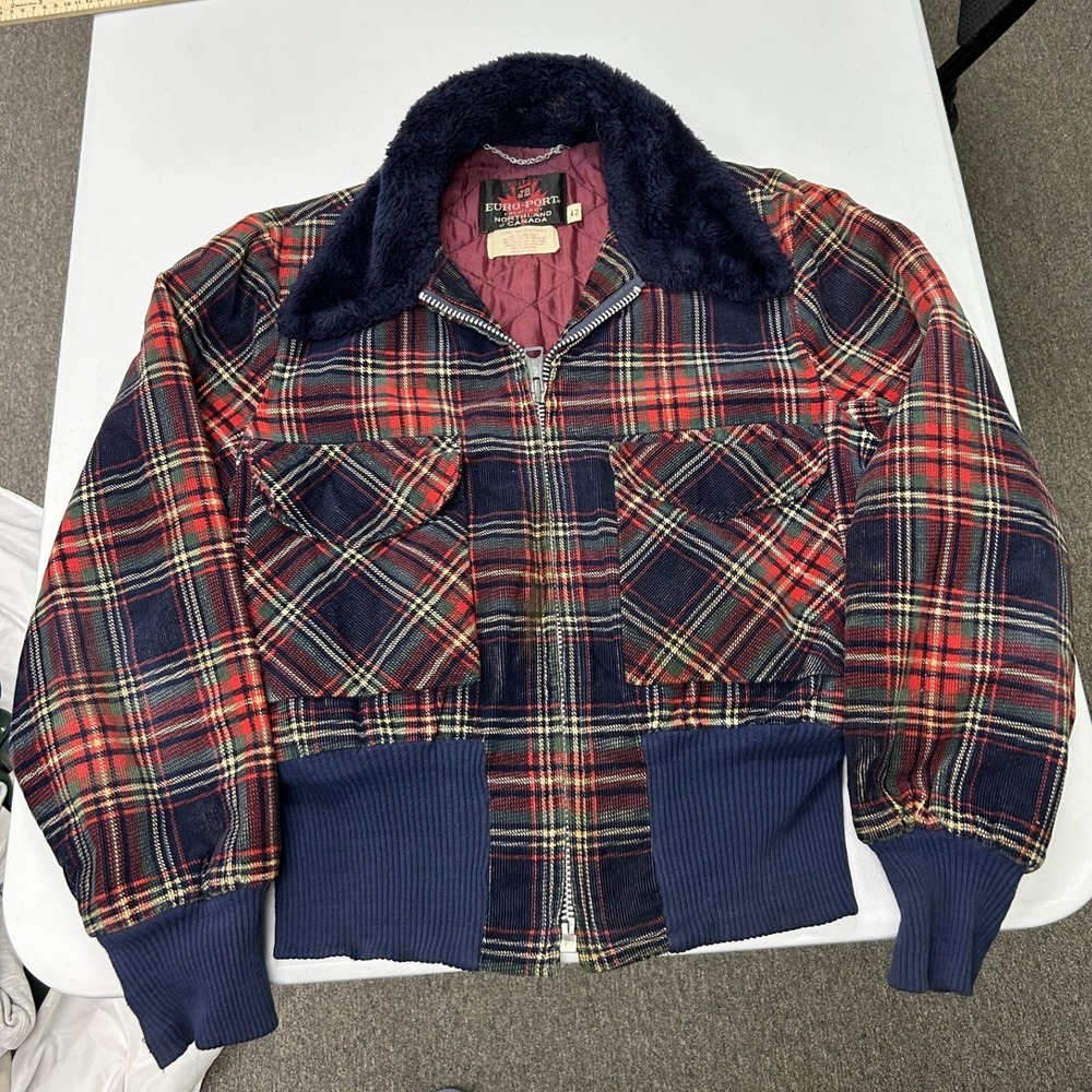 Euro-Port Bomber Jacket Mens 42 Red Plaid Faux Fur Collar Vintage Zip Up